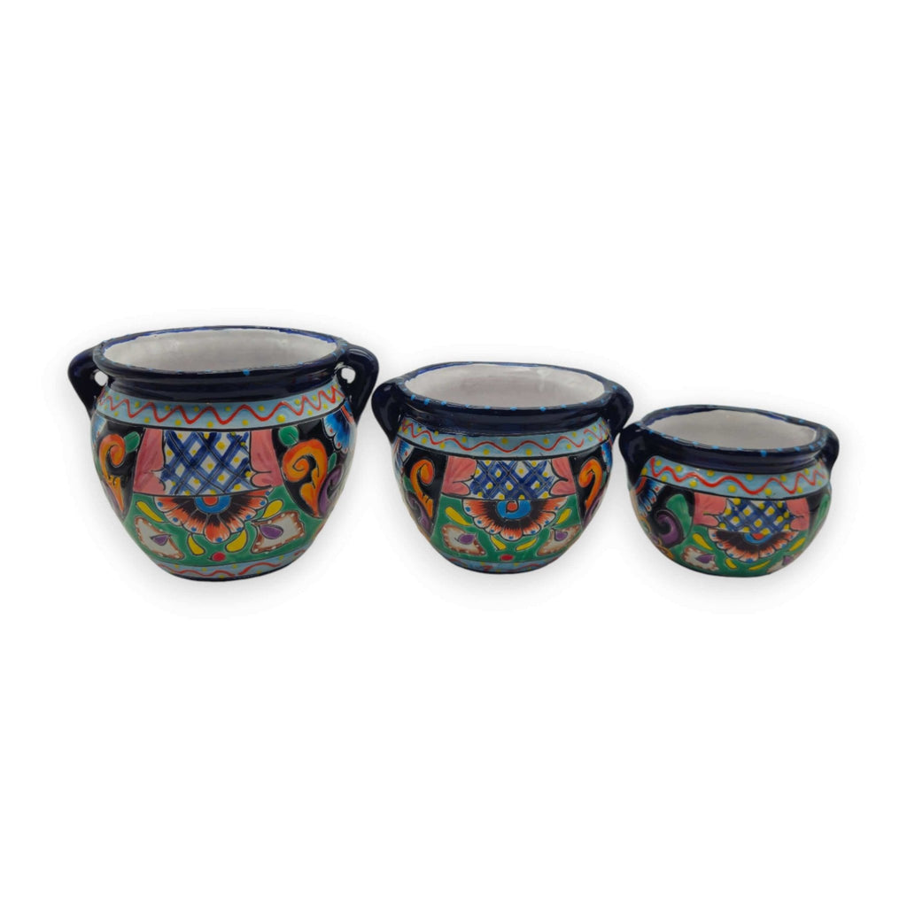 Cobalt Blue Rim Talavera Pot Trio | Small Hand-Painted Planters Talavera Flower Pot La Vie Bien Cobalt Blue Rim Talavera Pot Trio | Small Hand-Painted Planters