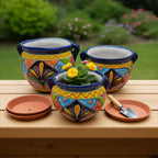 Cobalt Blue Rim Talavera Pot Trio | Small Hand-Painted Planters Talavera Flower Pot La Vie Bien Cobalt Blue Rim Talavera Pot Trio | Small Hand-Painted Planters