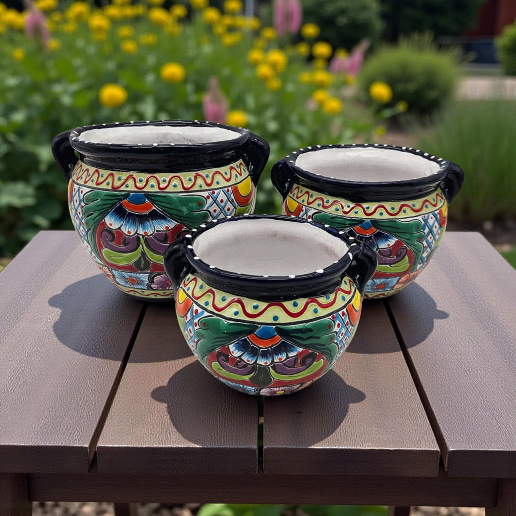 Cobalt Blue Rim Talavera Pot Trio | Small Hand-Painted Planters Talavera Flower Pot La Vie Bien Cobalt Blue Rim Talavera Pot Trio | Small Hand-Painted Planters
