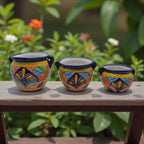 Cobalt Blue Rim Talavera Pot Trio | Small Hand-Painted Planters Talavera Flower Pot La Vie Bien Cobalt Blue Rim Talavera Pot Trio | Small Hand-Painted Planters