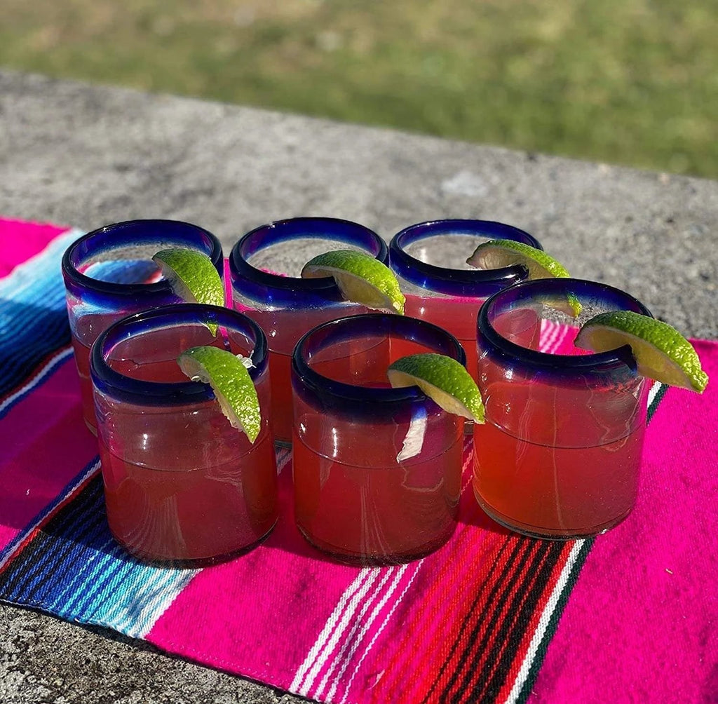 Cobalt Blue Rim Tumbler Glasses - Set of 6 (10 oz each) by Dos Sueños