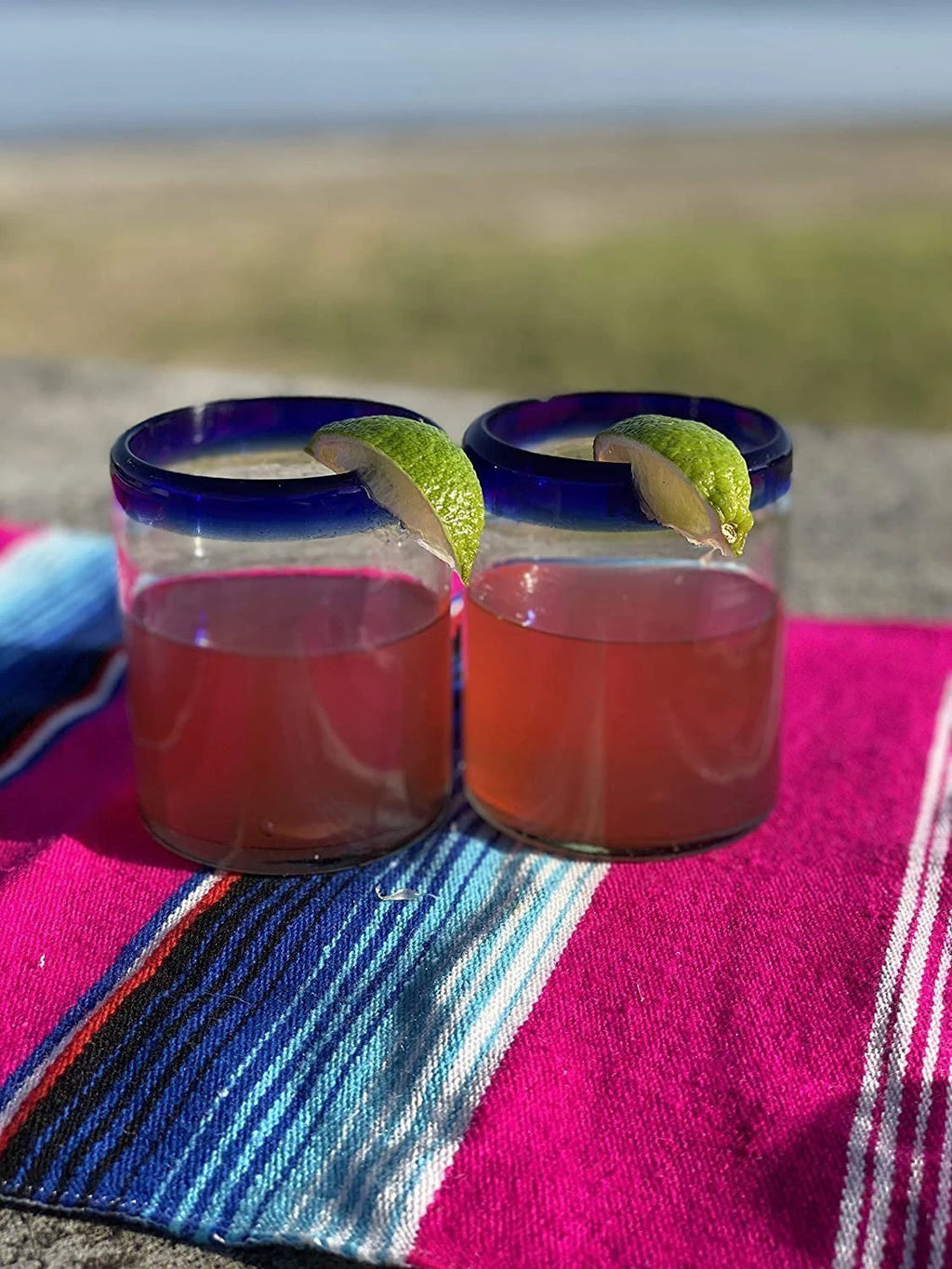 Cobalt Blue Rim Tumbler Glasses - Set of 6 (10 oz each) by Dos Sueños