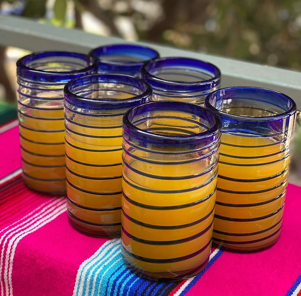 Cobalt Blue Spiral Design Drinking Glasses - Set of 6 (14 oz each) by Dos Sueños