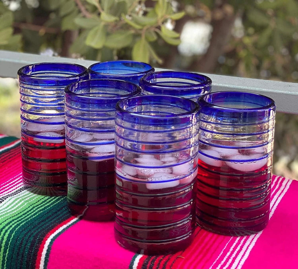 Cobalt Blue Spiral Design Drinking Glasses - Set of 6 (14 oz each) by Dos Sueños