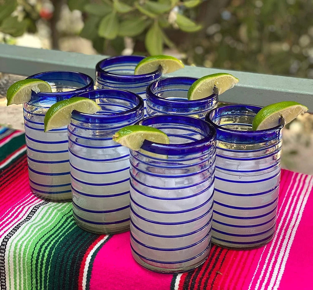 Cobalt Blue Spiral Design Drinking Glasses - Set of 6 (14 oz each) by Dos Sueños