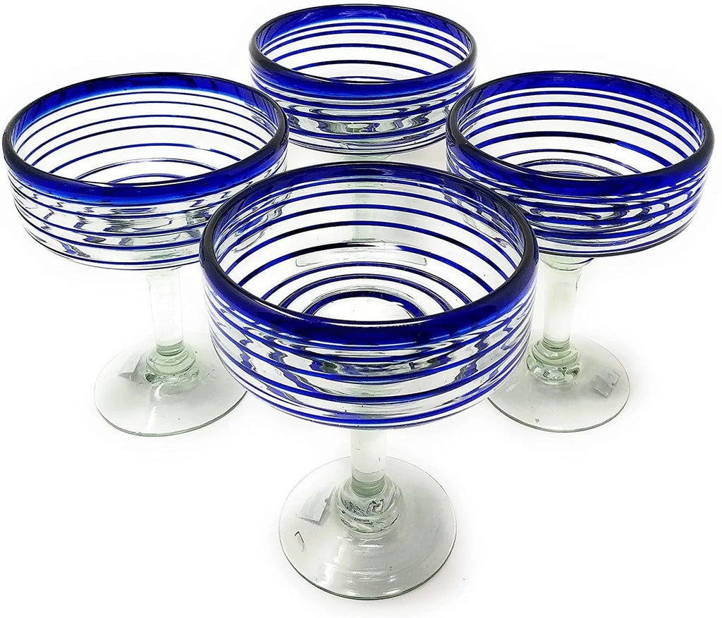 Cobalt Blue Spiral Design Margarita Glasses - Set of 4 (16 oz each) by Dos Sueños