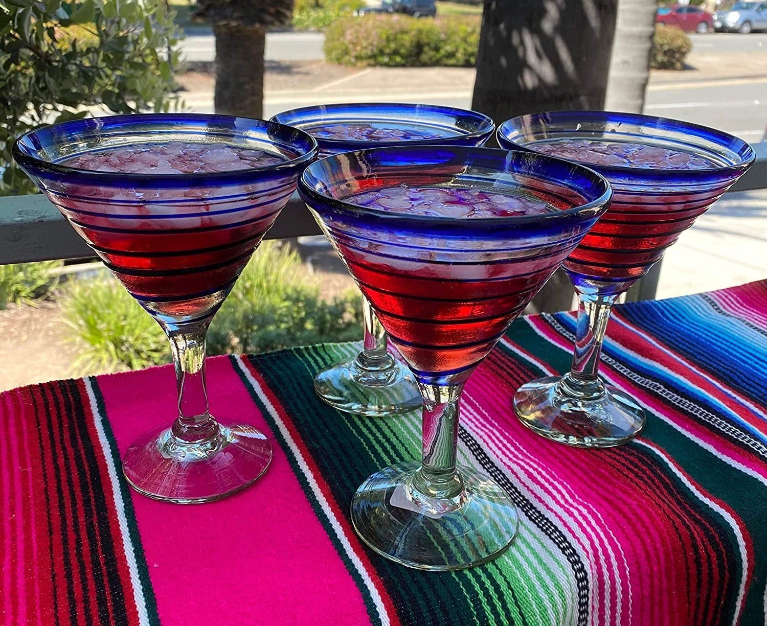 Cobalt Blue Spiral Design Modern Margarita Glasses - Martini Style - Set of 4 (12 oz each) by Dos Sueños