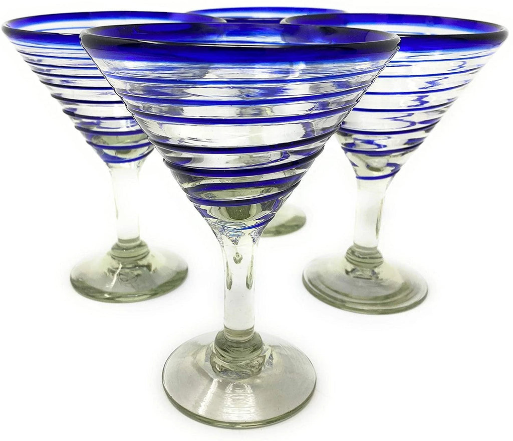 Cobalt Blue Spiral Design Modern Margarita Glasses - Martini Style - Set of 4 (12 oz each) by Dos Sueños