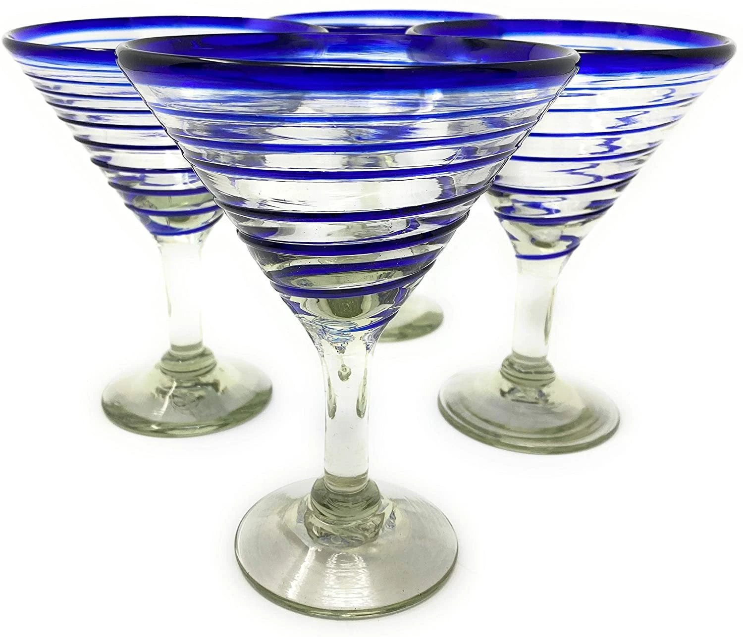 Cobalt Blue Spiral Design Modern Margarita Glasses - Martini Style - Set of 4 (12 oz each) by Dos Sueños