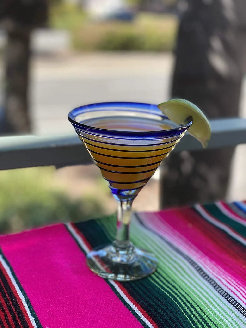 Cobalt Blue Spiral Design Modern Margarita Glasses - Martini Style - Set of 4 (12 oz each) by Dos Sueños