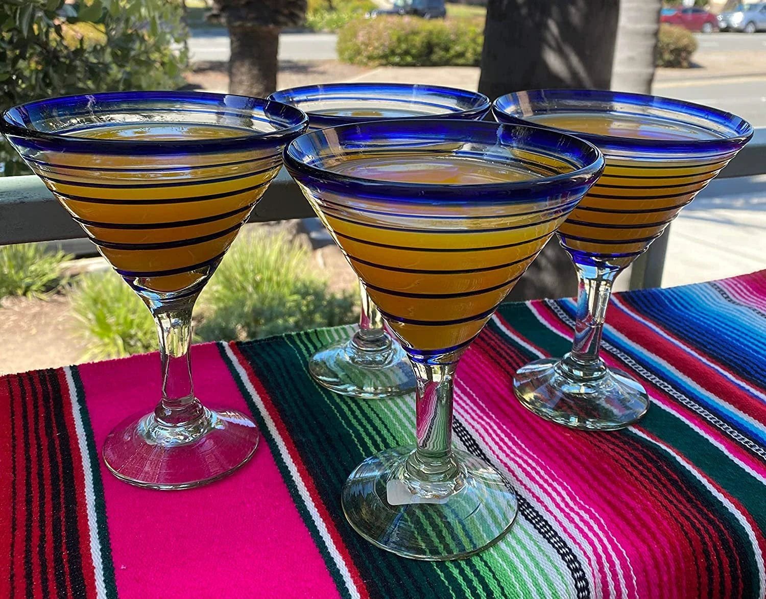 Cobalt Blue Spiral Design Modern Margarita Glasses - Martini Style - Set of 4 (12 oz each) by Dos Sueños