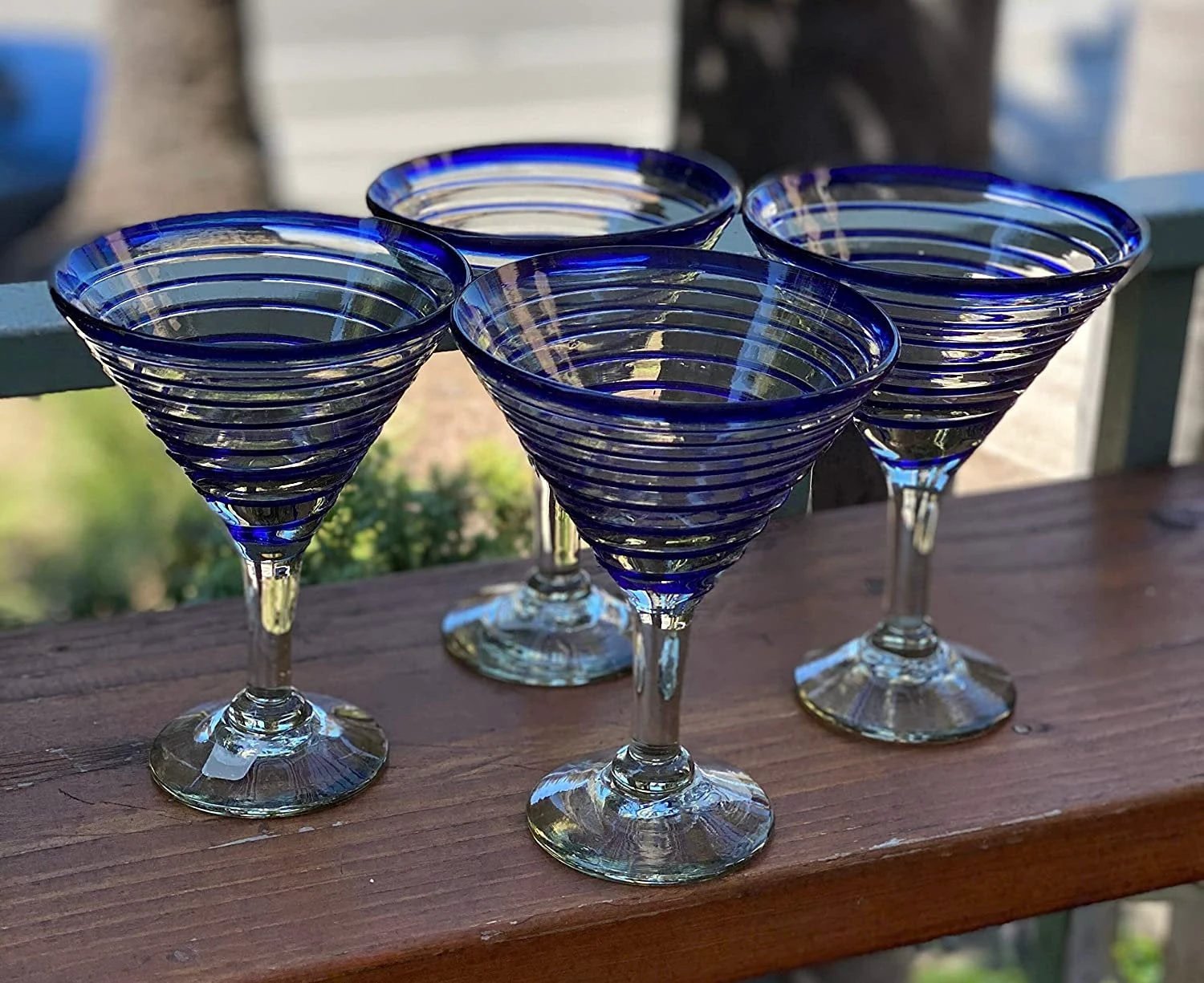 Cobalt Blue Spiral Design Modern Margarita Glasses - Martini Style - Set of 4 (12 oz each) by Dos Sueños