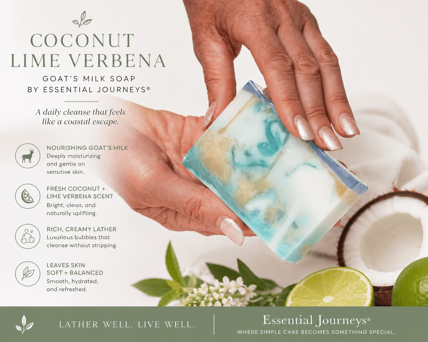 COCONUT LIME VERBENA GOATS MILK SOAP SLICE 5 oz. GOAT'S MILK SOAP La Vie Bien COCONUT LIME VERBENA GOATS MILK SOAP SLICE 5 oz.