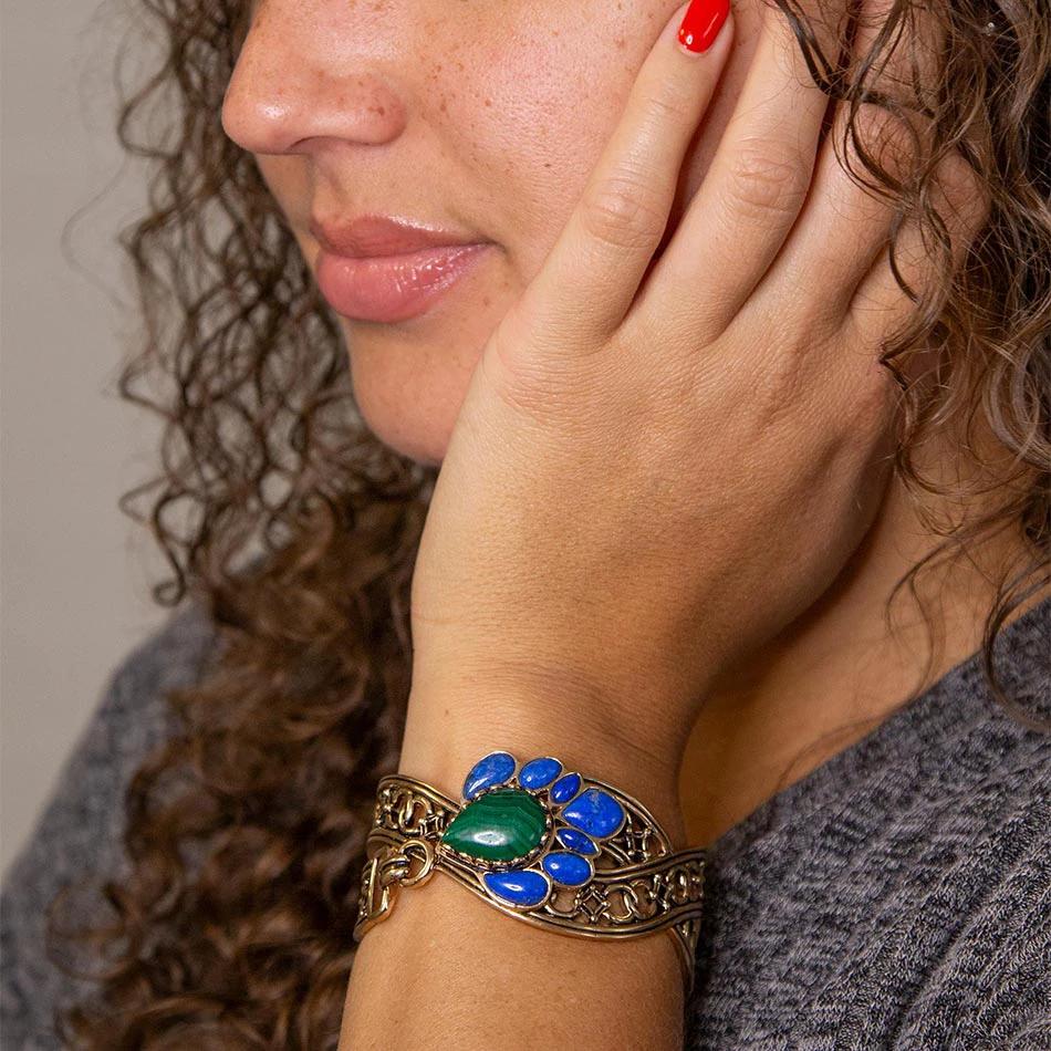 Cognate Green Malachite and Blue Lapis Golden Cuff Bracelet by Barse Jewelry