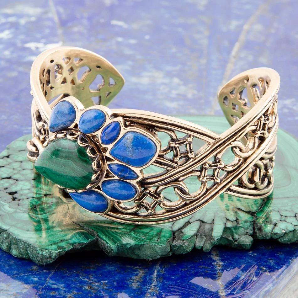 Cognate Green Malachite and Blue Lapis Golden Cuff Bracelet by Barse Jewelry
