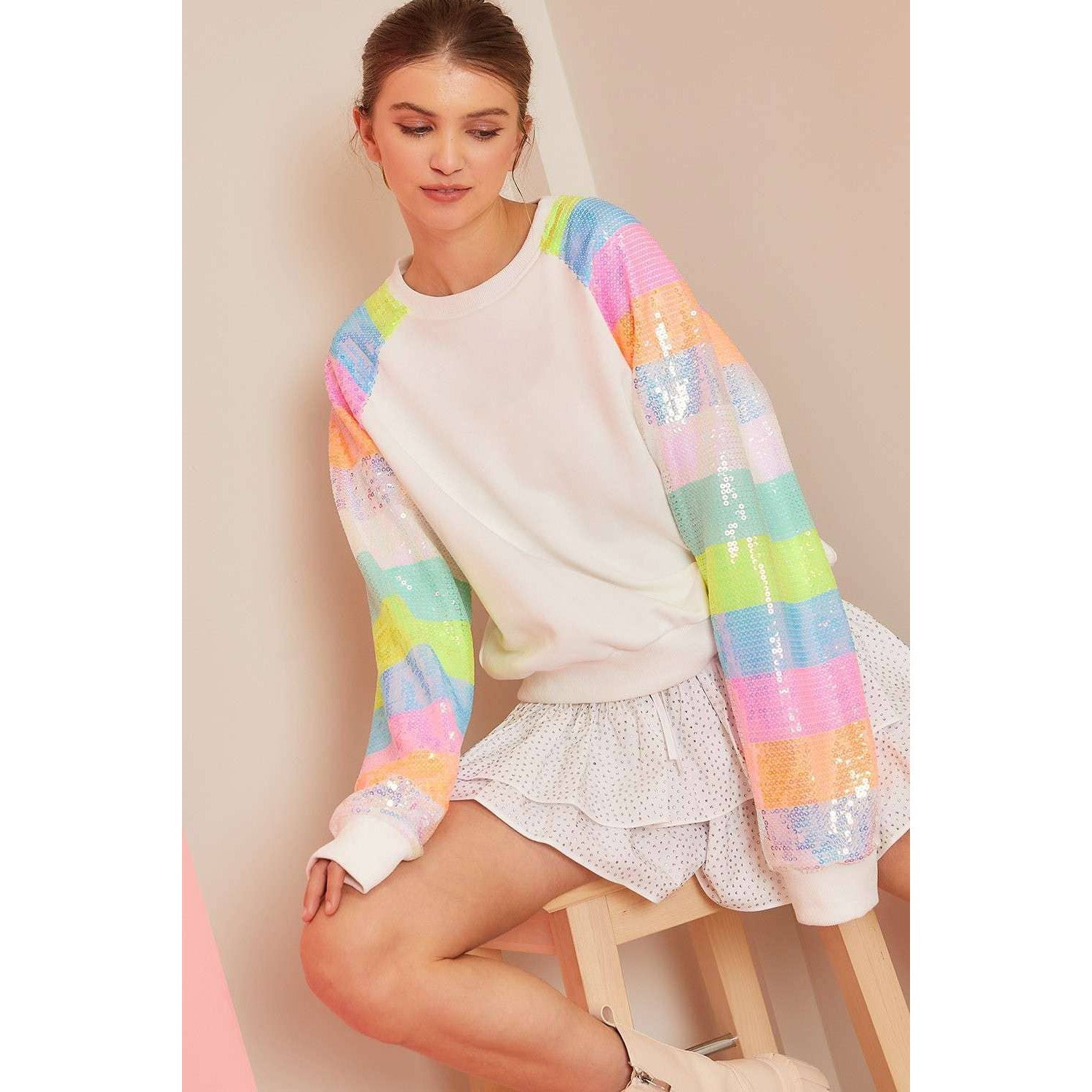 Color Block Sequin Sleeves French Terry Top [Available in SM - L]