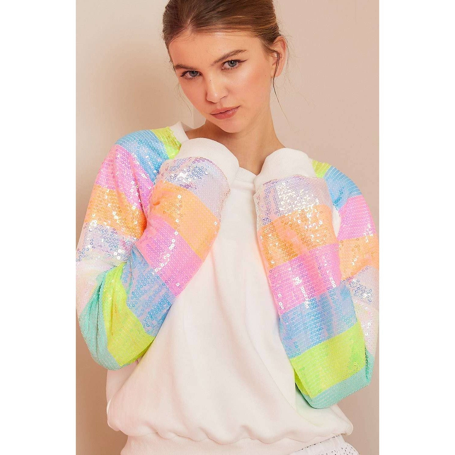 Color Block Sequin Sleeves French Terry Top [Available in SM - L]