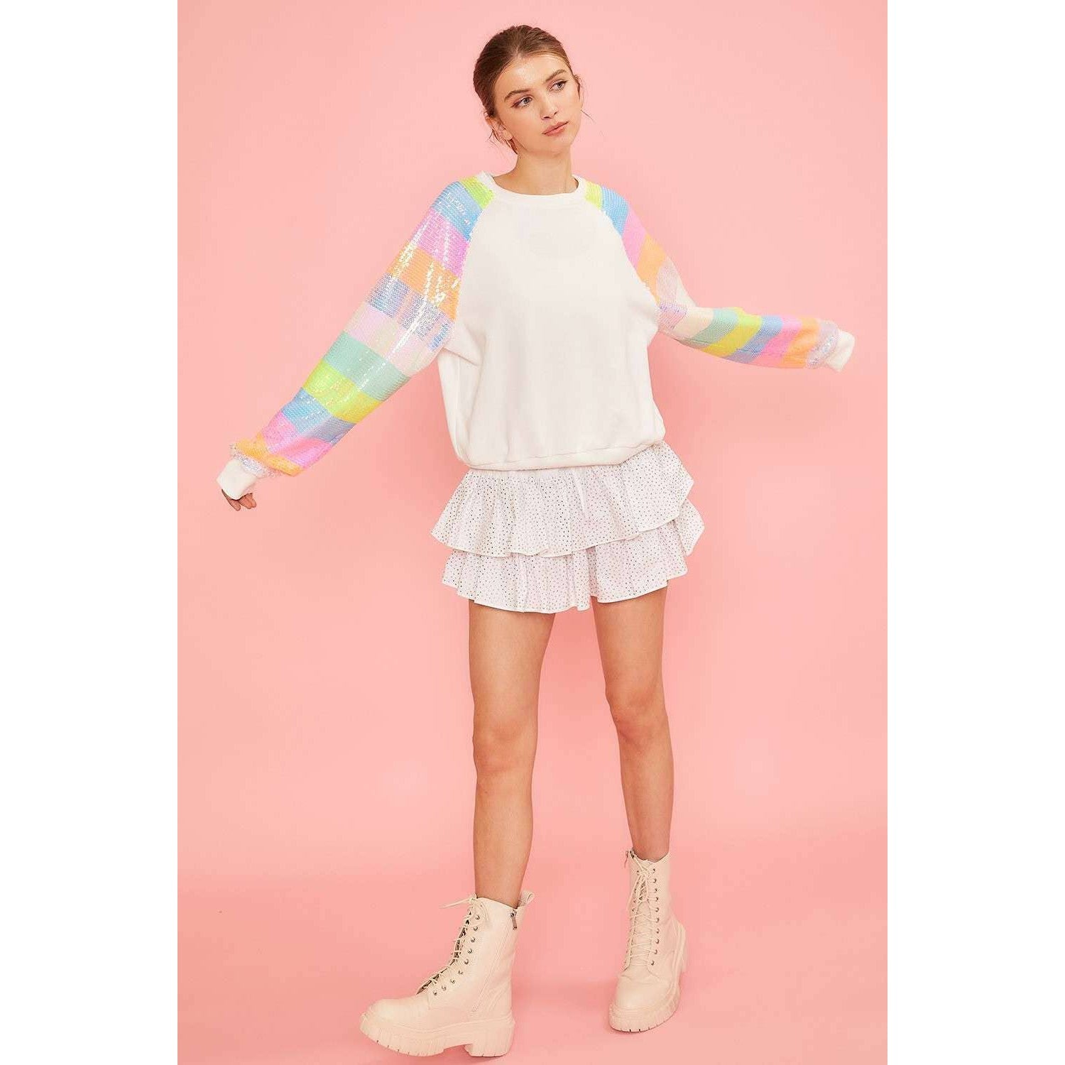 Color Block Sequin Sleeves French Terry Top [Available in SM - L]
