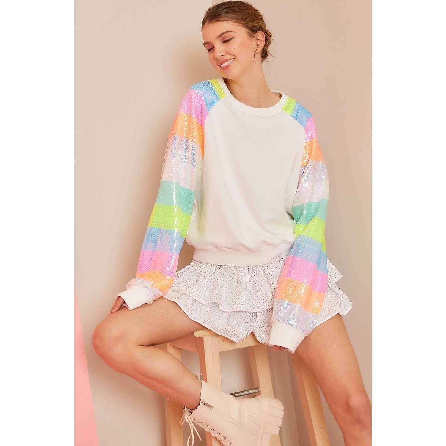 Color Block Sequin Sleeves French Terry Top [Available in SM - L]