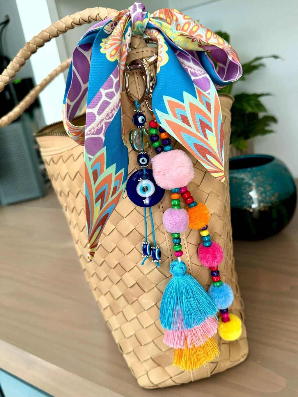 Colorful Beaded Pom Pom Tassel Keychain / Bag Charm by Bespattered Facade