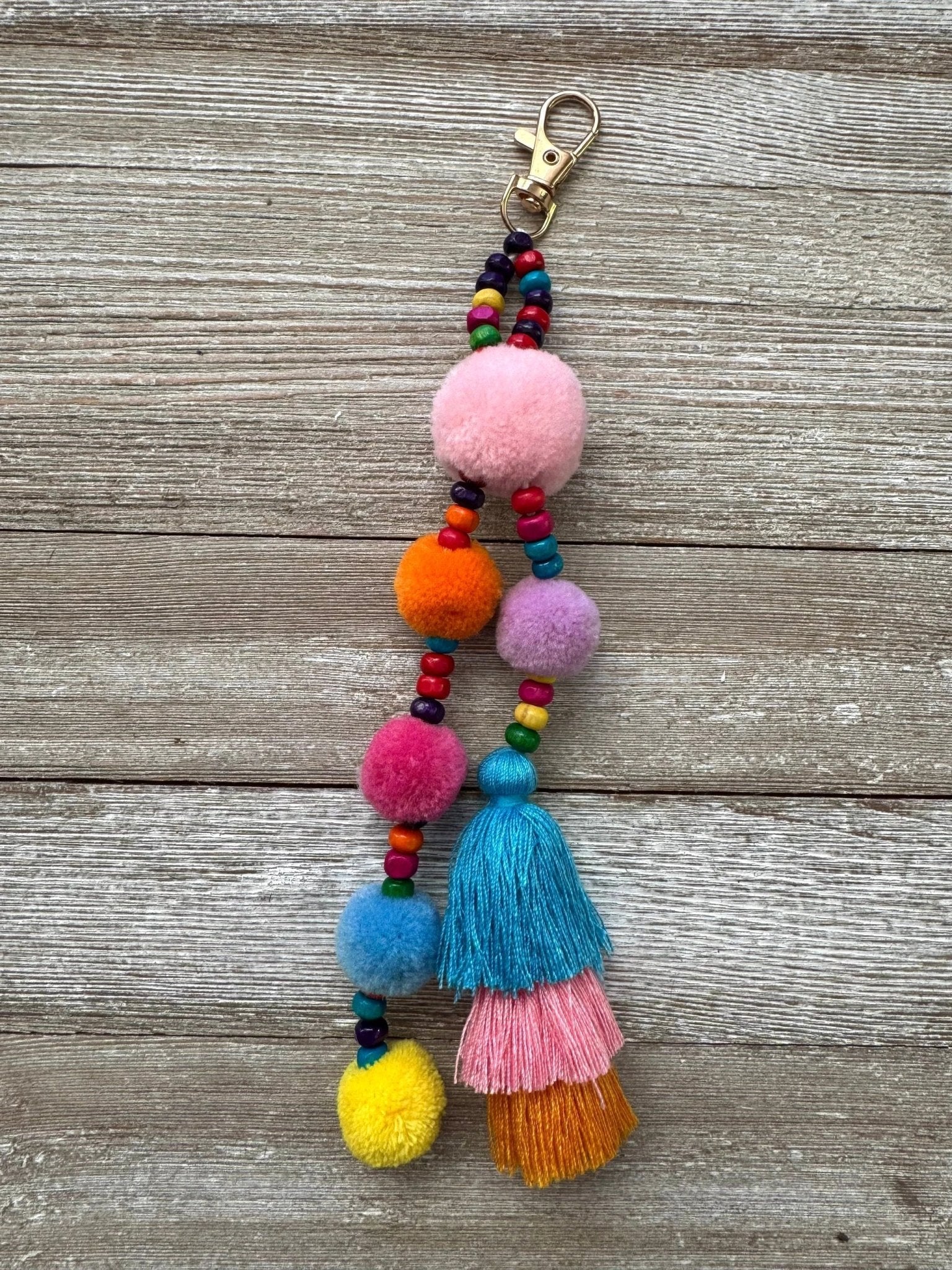 Colorful Beaded Pom Pom Tassel Keychain / Bag Charm by Bespattered Facade