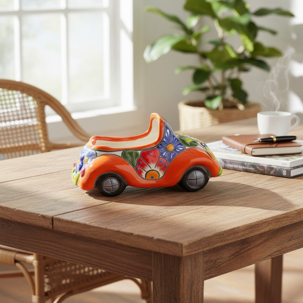 Colorful Hand-Painted Talavera Car Planter | Small Ceramic Car Statue Talavera Planter La Vie Bien Colorful Hand-Painted Talavera Car Planter | Small Ceramic Car Statue