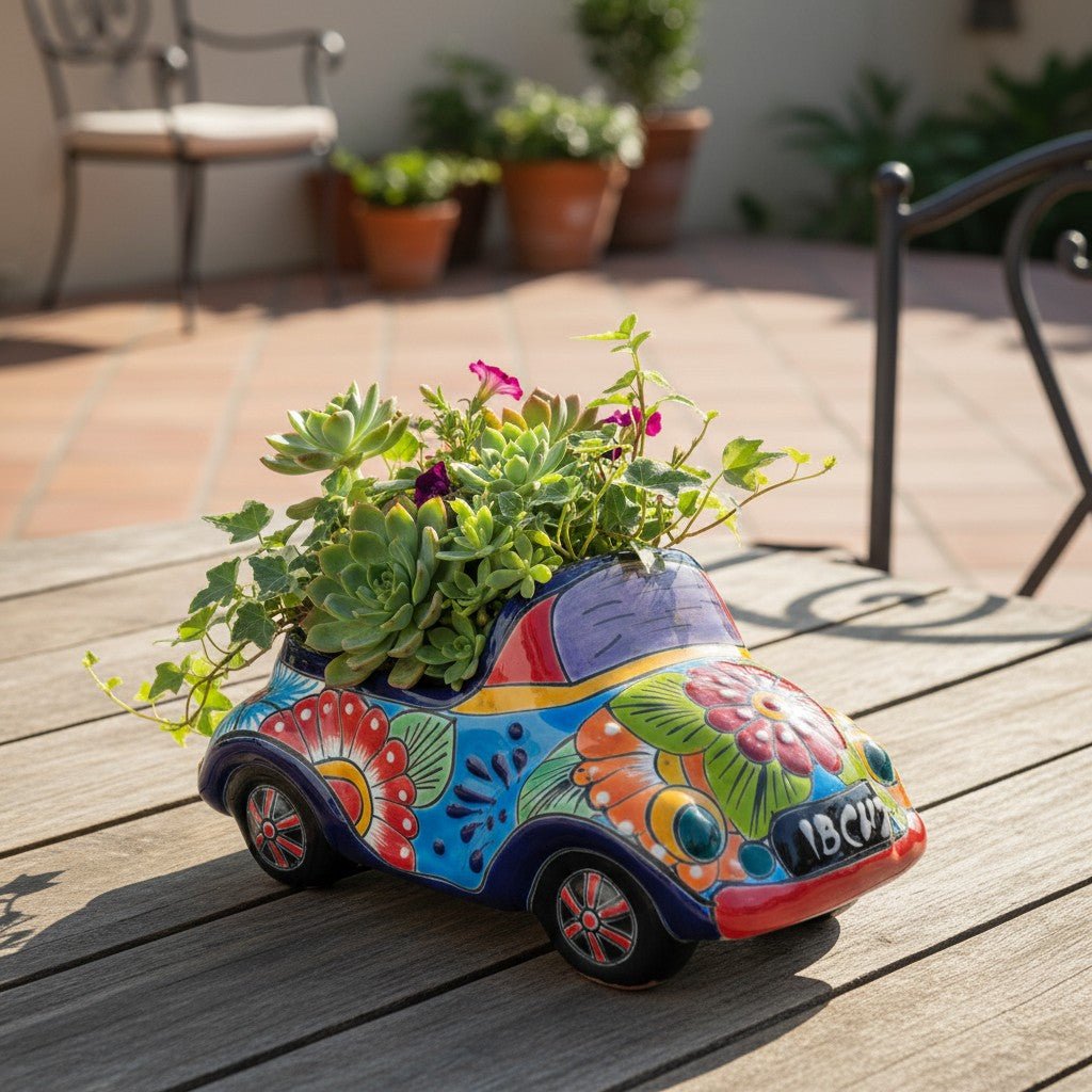 Colorful Hand-Painted Talavera Car Planter | Small Ceramic Car Statue Talavera Planter La Vie Bien Colorful Hand-Painted Talavera Car Planter | Small Ceramic Car Statue