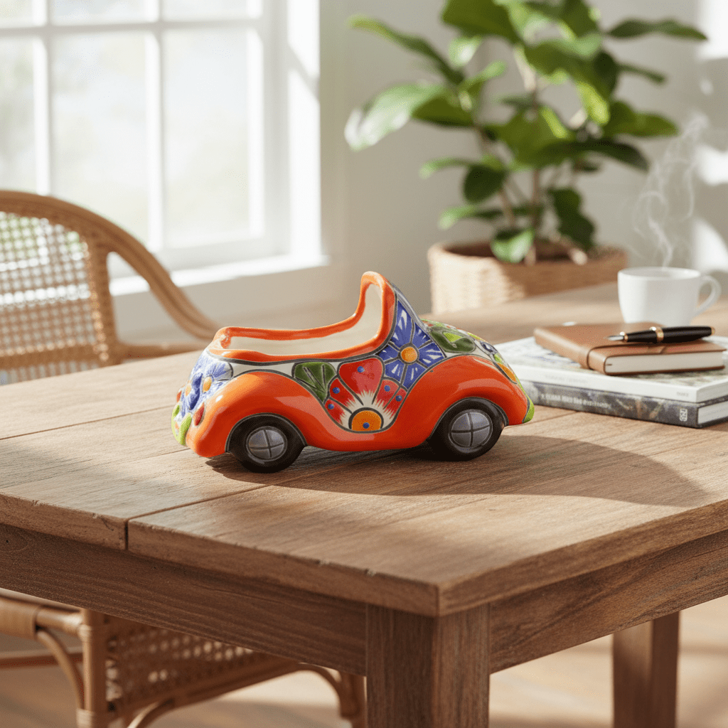 Colorful Hand - Painted Talavera Car Planter | Small Ceramic Car Statue Talavera Planter La Vie Bien Colorful Hand - Painted Talavera Car Planter | Small Ceramic Car Statue