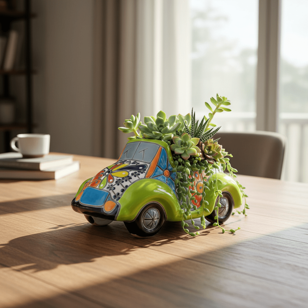 Colorful Hand - Painted Talavera Car Planter | Small Ceramic Car Statue Talavera Planter La Vie Bien Colorful Hand - Painted Talavera Car Planter | Small Ceramic Car Statue