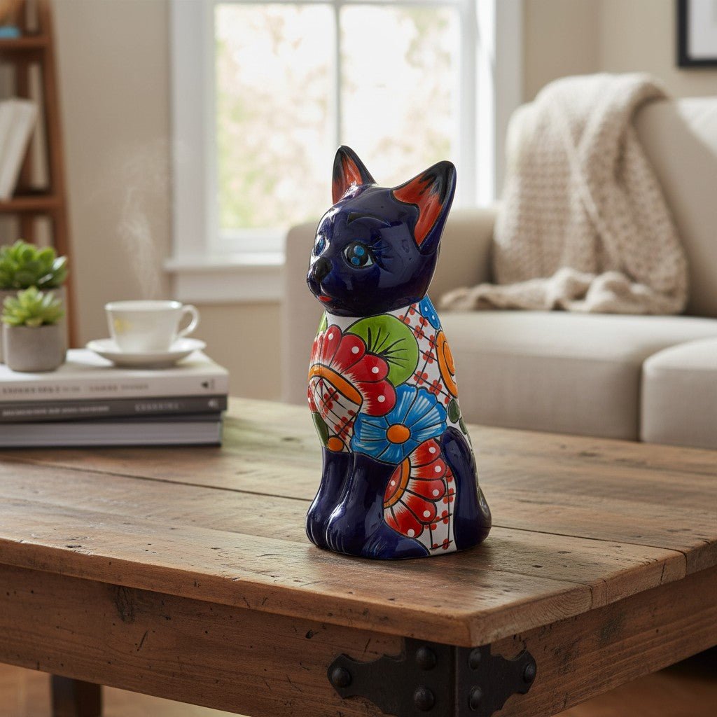 Colorful Hand - Painted Talavera Cat Statue | Mexican Folk Art Decor Talavera Statue La Vie Bien Colorful Hand - Painted Talavera Cat Statue | Mexican Folk Art Decor