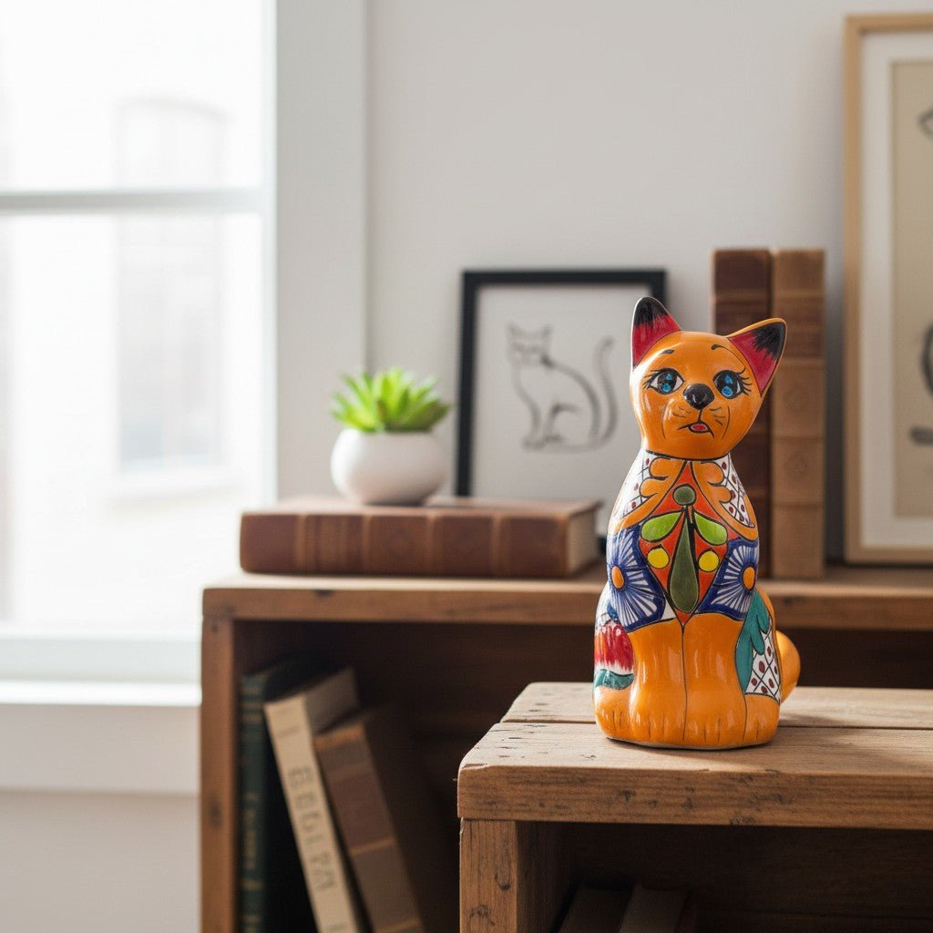 Colorful Hand - Painted Talavera Cat Statue | Mexican Folk Art Decor Talavera Statue La Vie Bien Colorful Hand - Painted Talavera Cat Statue | Mexican Folk Art Decor