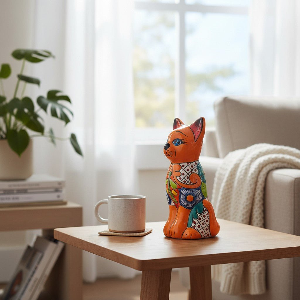 Colorful Hand - Painted Talavera Cat Statue | Mexican Folk Art Decor Talavera Statue La Vie Bien Colorful Hand - Painted Talavera Cat Statue | Mexican Folk Art Decor