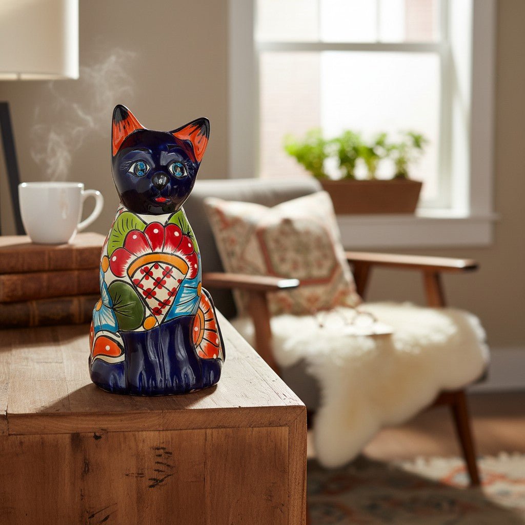 Colorful Hand - Painted Talavera Cat Statue | Mexican Folk Art Decor Talavera Statue La Vie Bien Colorful Hand - Painted Talavera Cat Statue | Mexican Folk Art Decor
