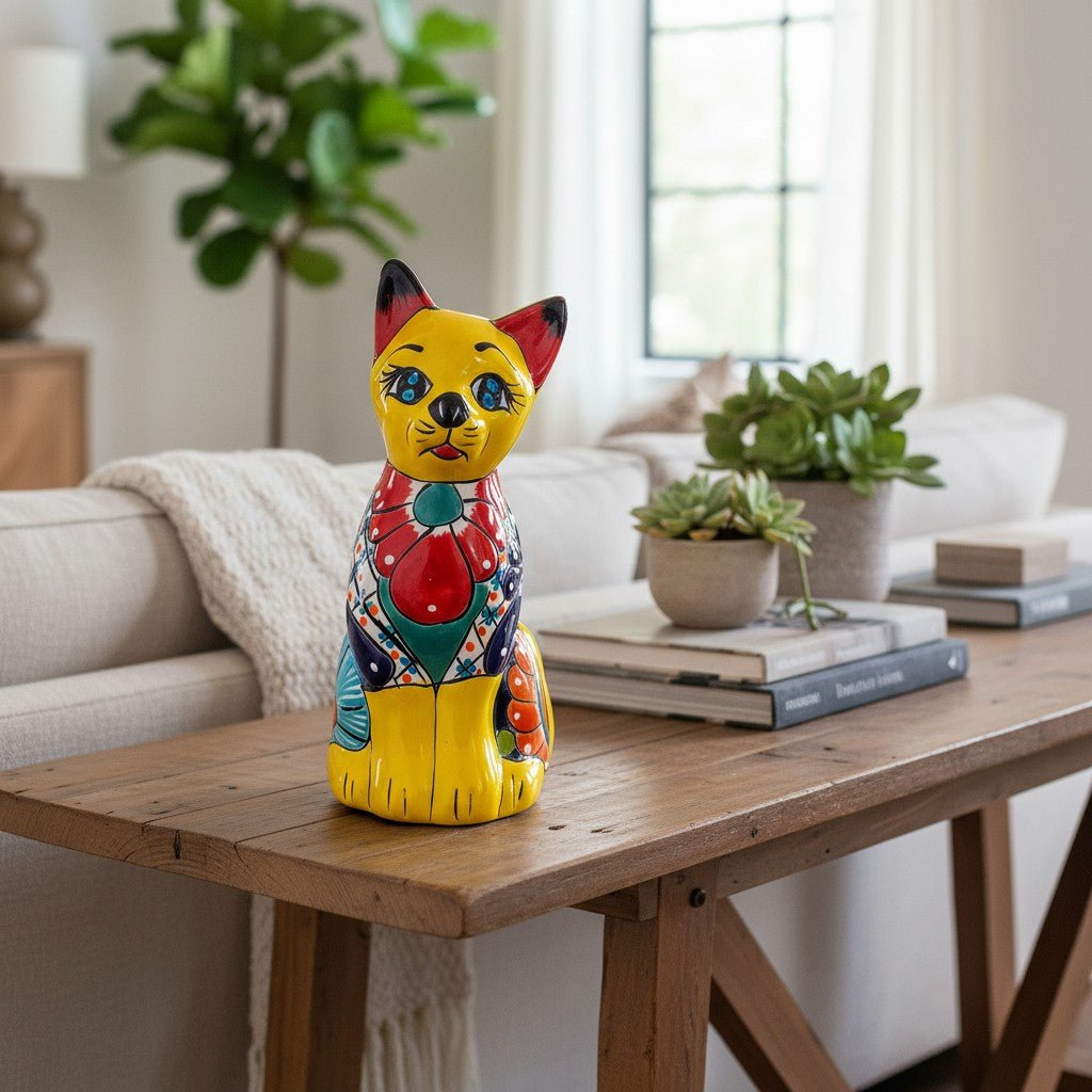Colorful Hand - Painted Talavera Cat Statue | Mexican Folk Art Decor Talavera Statue La Vie Bien Colorful Hand - Painted Talavera Cat Statue | Mexican Folk Art Decor