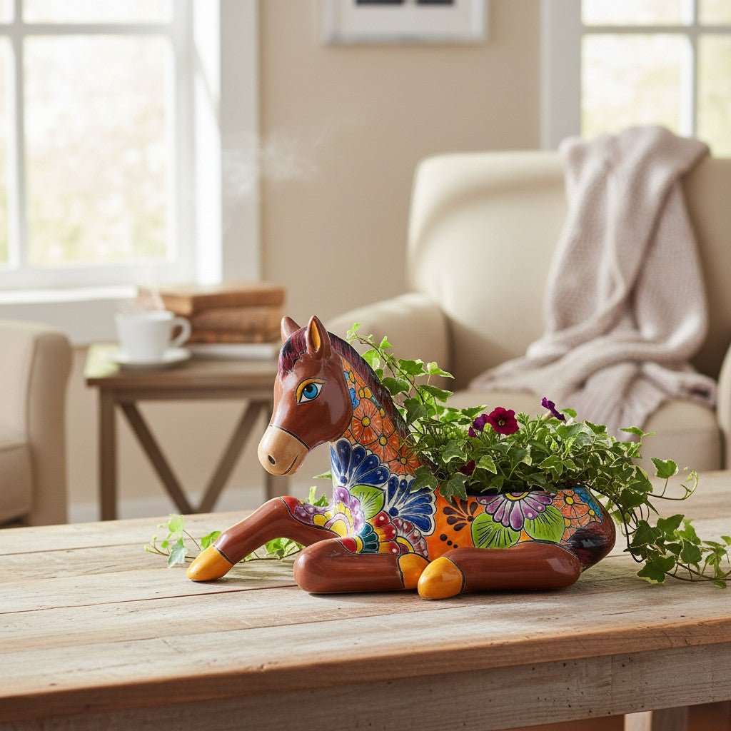 Colorful Hand-Painted Talavera Small Horse Statue Planter Talavera Planter La Vie Bien Colorful Hand-Painted Talavera Small Horse Statue Planter