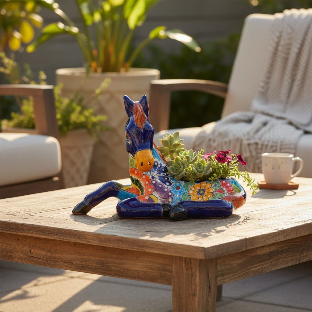Colorful Hand-Painted Talavera Small Horse Statue Planter Talavera Planter La Vie Bien Colorful Hand-Painted Talavera Small Horse Statue Planter