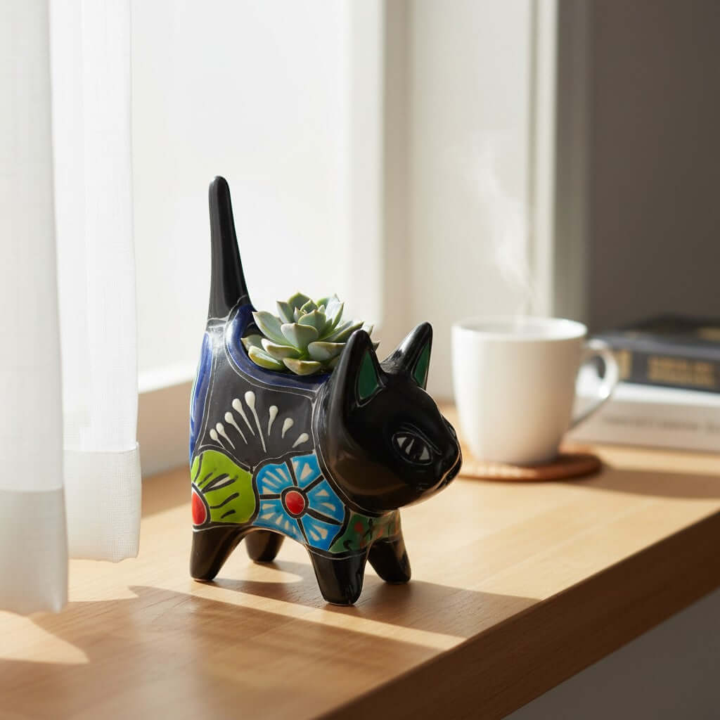 Colorful Talavera Cat Planter | Mexican Ceramic Art