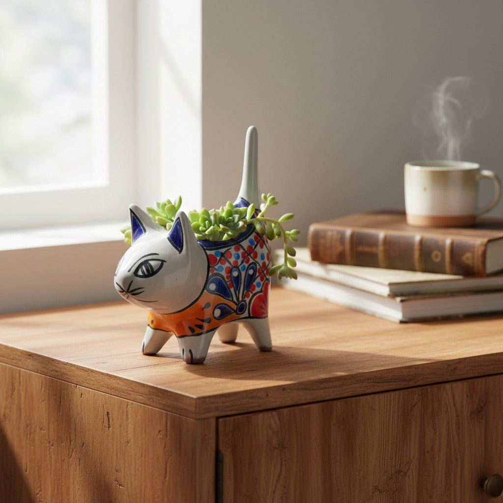 Colorful Talavera Cat Planter | Mexican Ceramic Art Talavera Planter La Vie Bien Colorful Talavera Cat Planter | Mexican Ceramic Art
