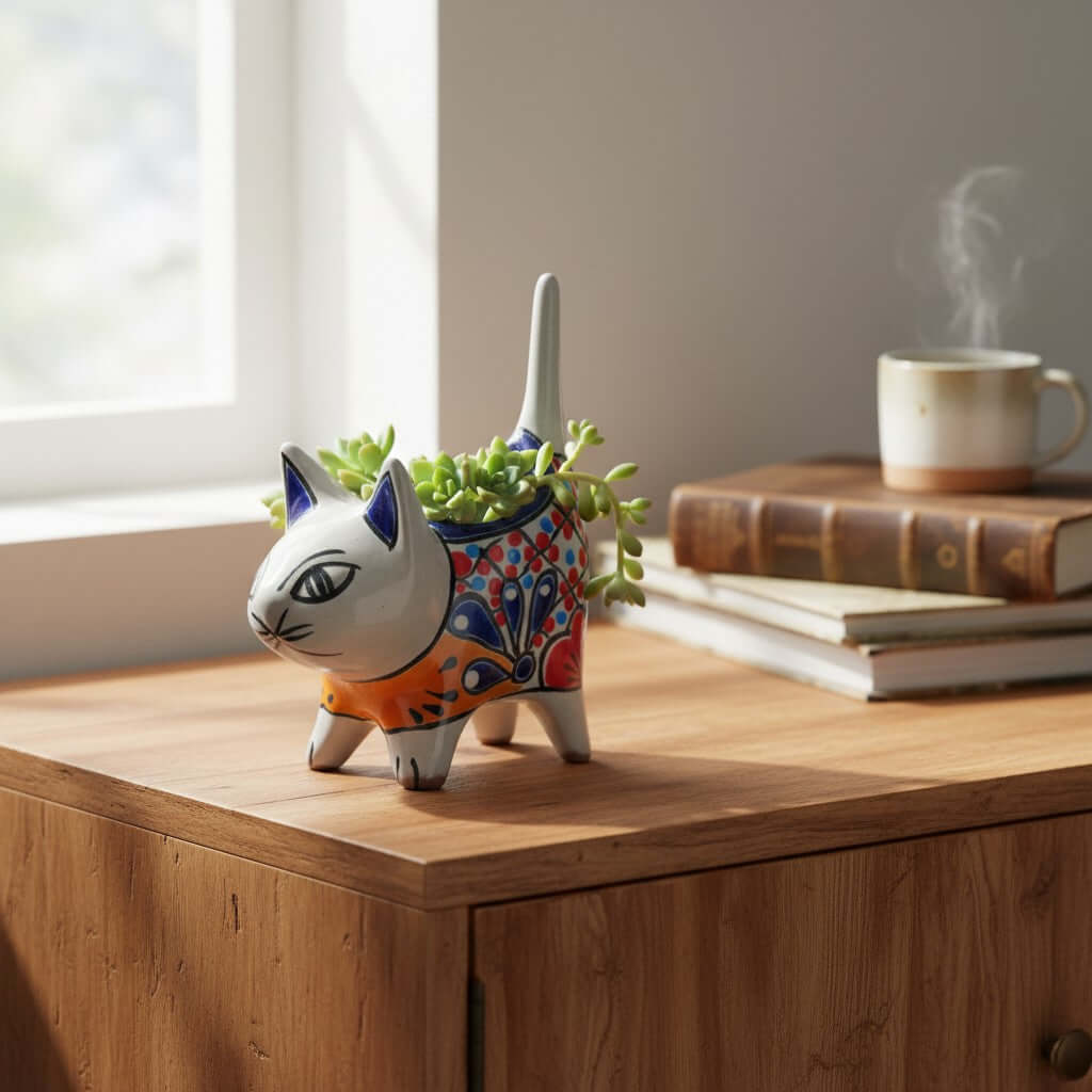 Colorful Talavera Cat Planter | Mexican Ceramic Art Talavera Planter La Vie Bien Colorful Talavera Cat Planter | Mexican Ceramic Art