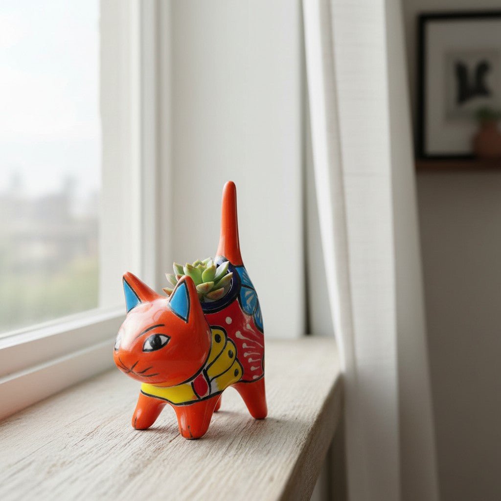 Colorful Talavera Cat Planter | Mexican Ceramic Art Talavera Planter La Vie Bien Colorful Talavera Cat Planter | Mexican Ceramic Art