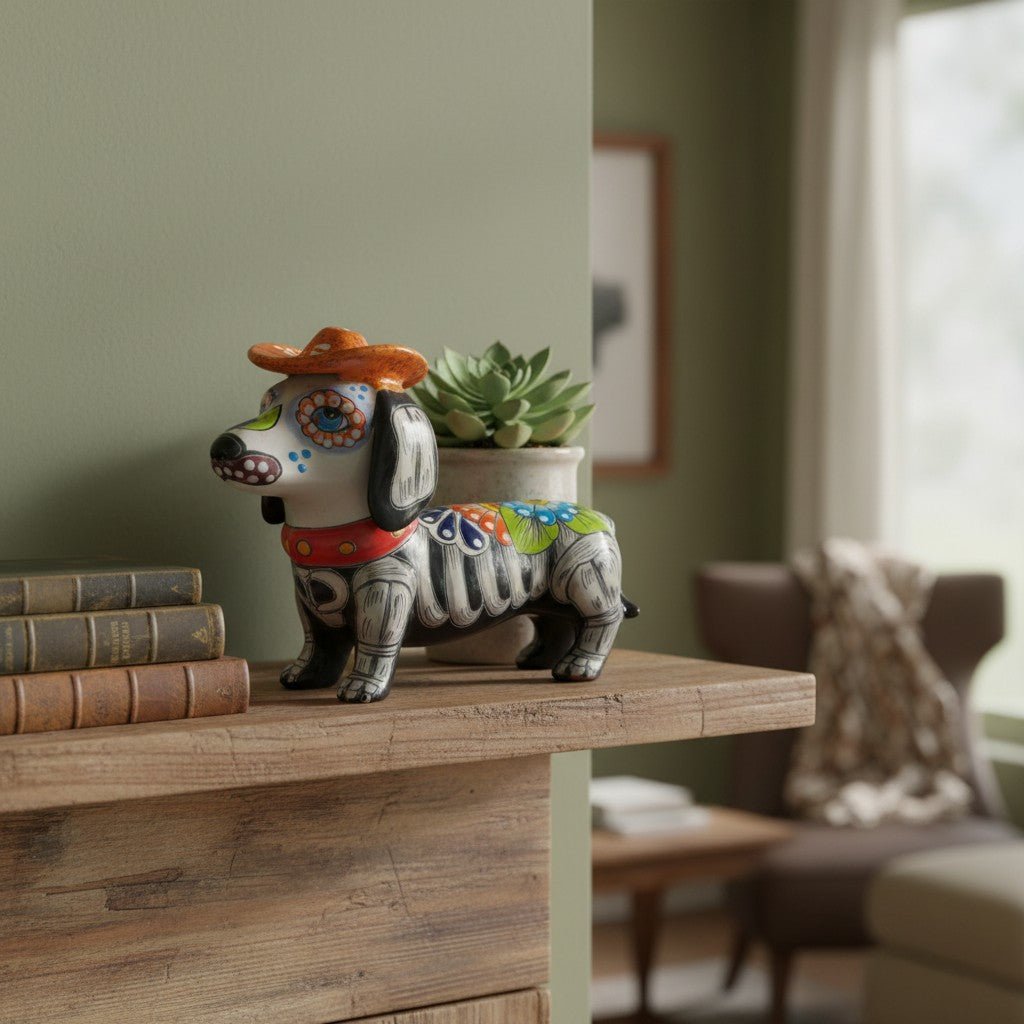 Colorful Talavera Dachshund Figurine | Mexican Folk Art Talavera Statue La Vie Bien Colorful Talavera Dachshund Figurine | Mexican Folk Art
