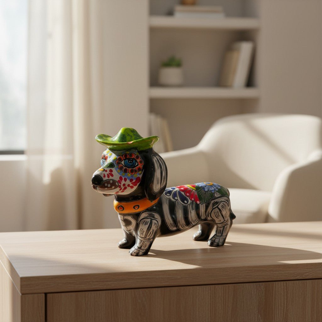 Colorful Talavera Dachshund Figurine | Mexican Folk Art Talavera Statue La Vie Bien Colorful Talavera Dachshund Figurine | Mexican Folk Art