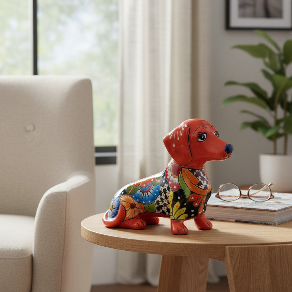 Colorful Talavera Dachshund | Mexican Ceramic Dog Figurine