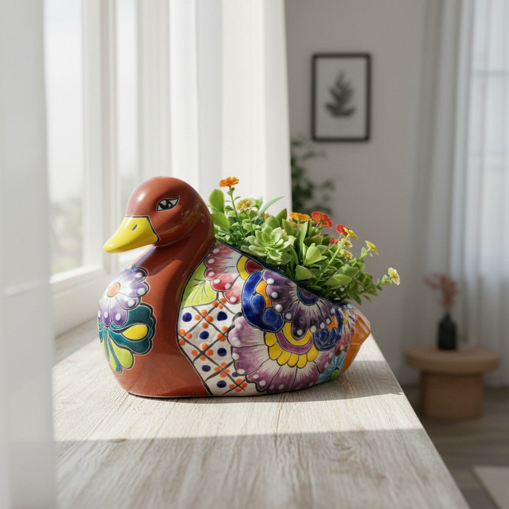 Colorful Talavera Duck Planter | Hand-Painted Mexican Succulent Pottery Art Talavera Planter La Vie Bien Colorful Talavera Duck Planter | Hand-Painted Mexican Succulent Pottery Art