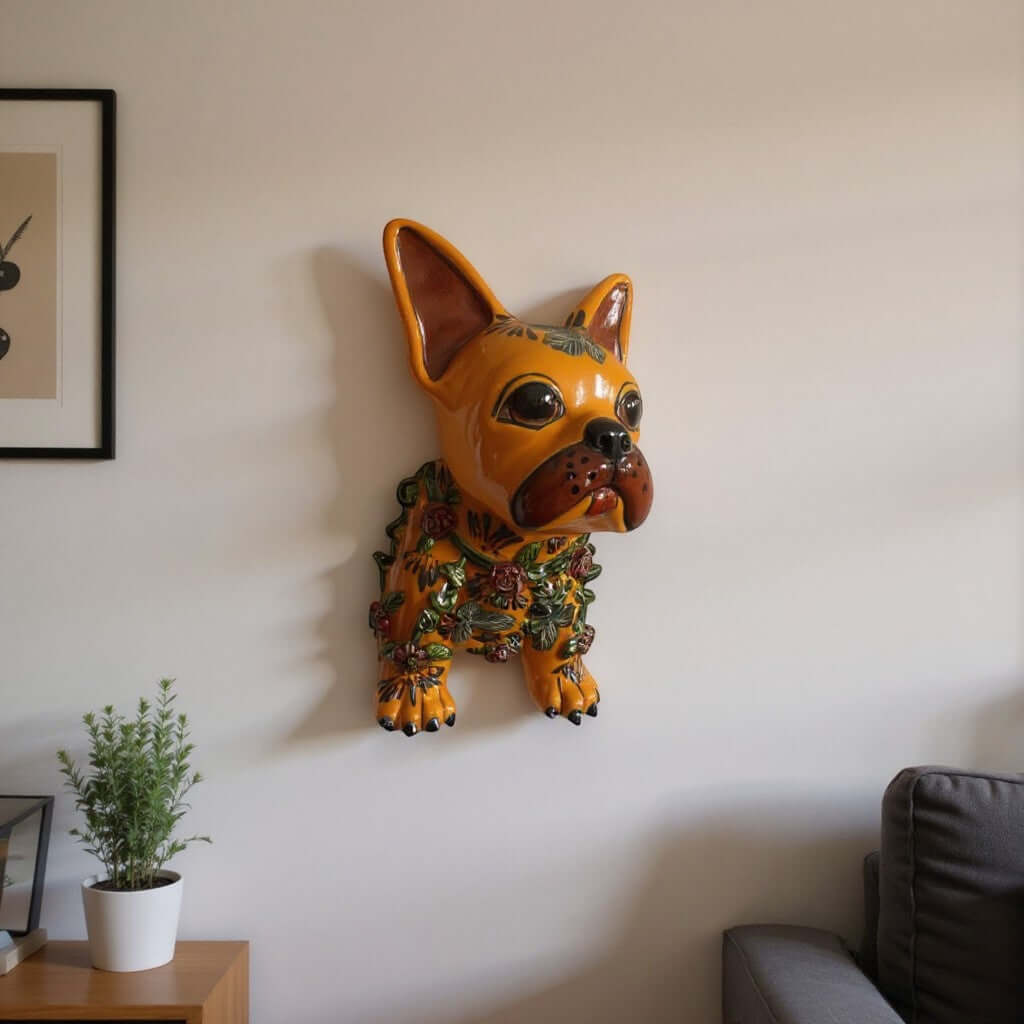 Colorful Talavera French Bulldog Statue | Handcrafted Wall Art (Medium) Talavera Statue La Vie Bien Colorful Talavera French Bulldog Statue | Handcrafted Wall Art (Medium)