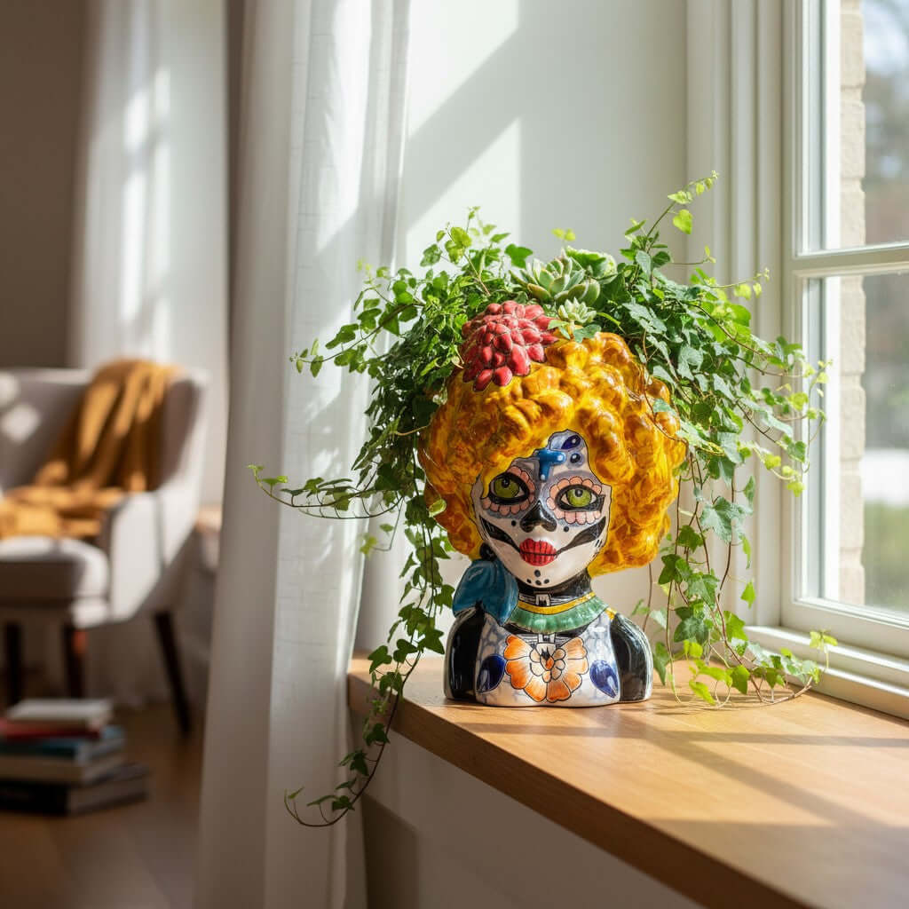 Colorful Talavera Lady Skull Planter | Day of the Dead Decor Talavera Planter La Vie Bien Colorful Talavera Lady Skull Planter | Day of the Dead Decor