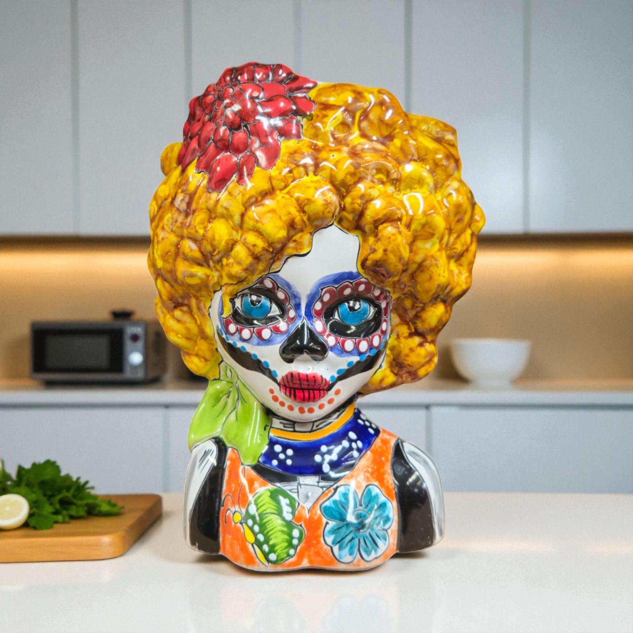Colorful Talavera Lady Skull Planter | Day of the Dead Decor Talavera Planter La Vie Bien Colorful Talavera Lady Skull Planter | Day of the Dead Decor