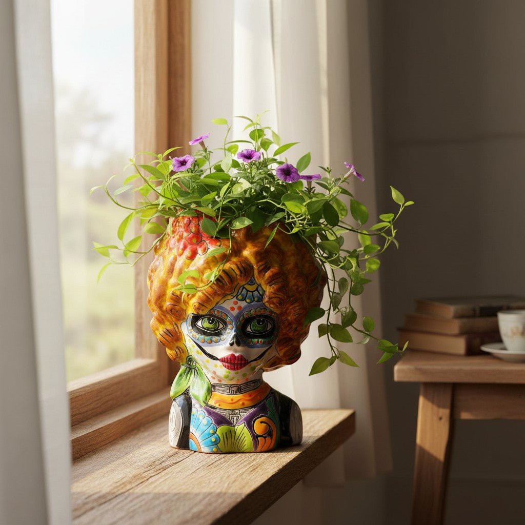 Colorful Talavera Lady Skull Planter | Day of the Dead Decor Talavera Planter La Vie Bien Colorful Talavera Lady Skull Planter | Day of the Dead Decor