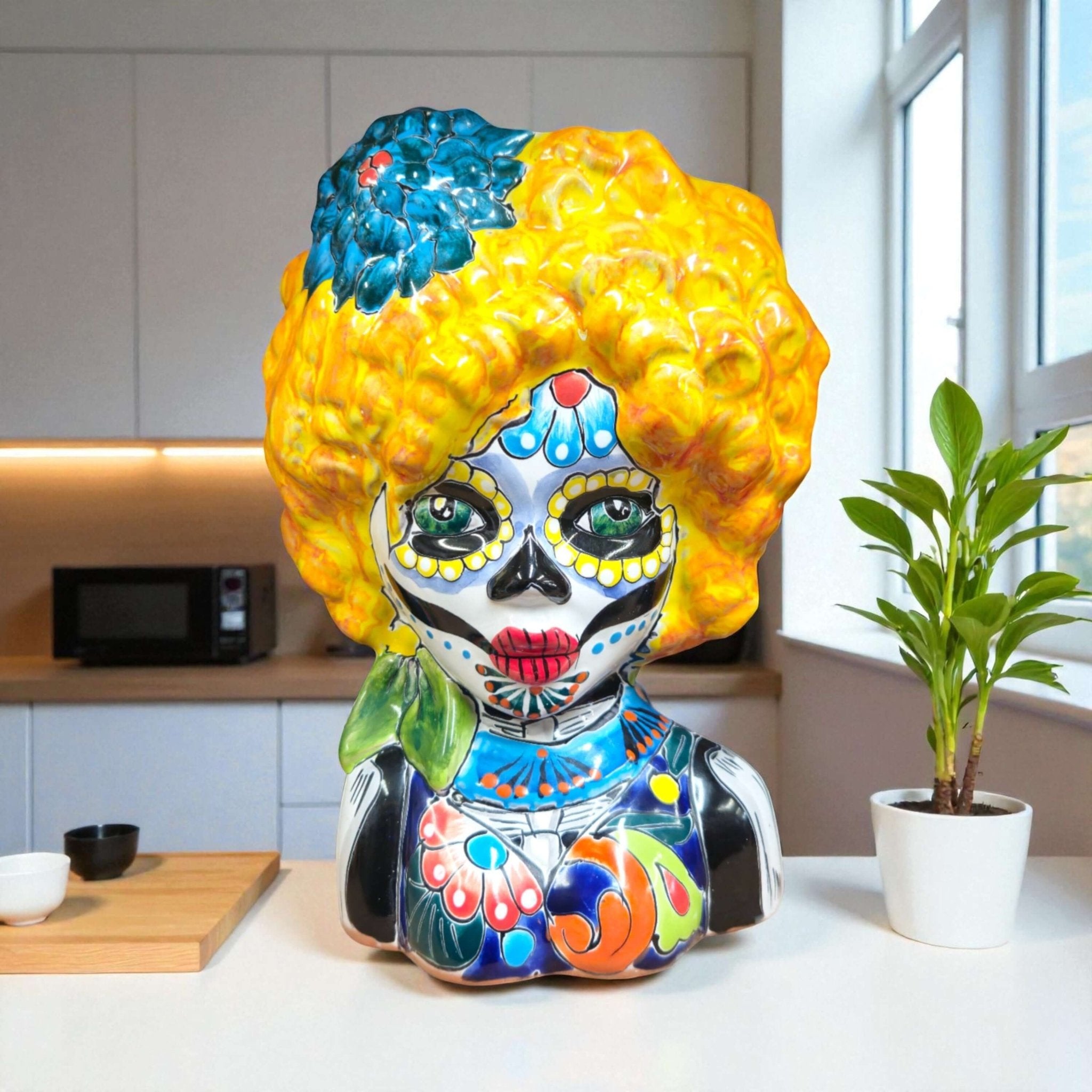 Colorful Talavera Lady Skull Planter | Day of the Dead Decor Talavera Planter La Vie Bien Colorful Talavera Lady Skull Planter | Day of the Dead Decor