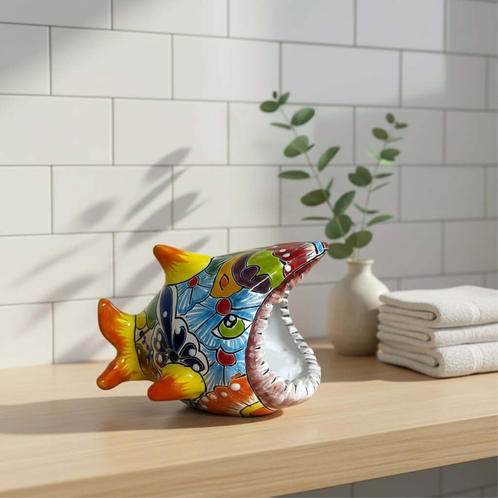 Colorful Talavera Shark Soap Dish | Handcrafted Ceramic Holder Talavera Soap Dispenser La Vie Bien Colorful Talavera Shark Soap Dish | Handcrafted Ceramic Holder